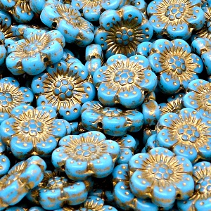 8ks České skleněné mačkané korálky kytičky ploché 14mm modrý tyrkys/ stříbrný zátěr