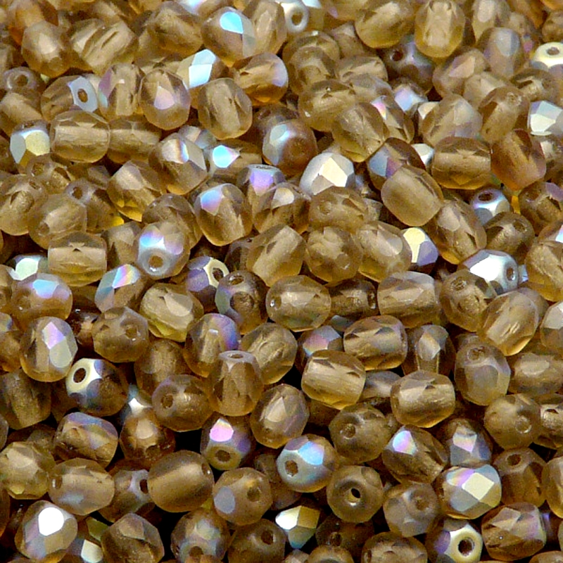 100ks České skleněné broušené ohňovky kulička 4mm kouřový topas/ AB polopokov matné