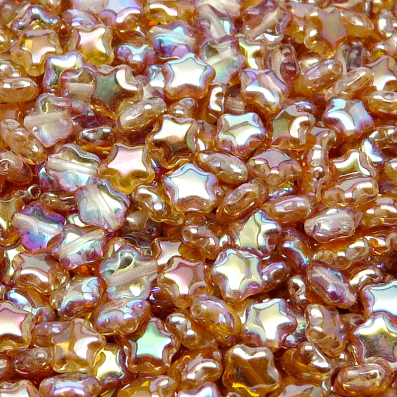 40ks České skleněné mačkané korálky hvězdička 6mm čirá/ oranžová duha
