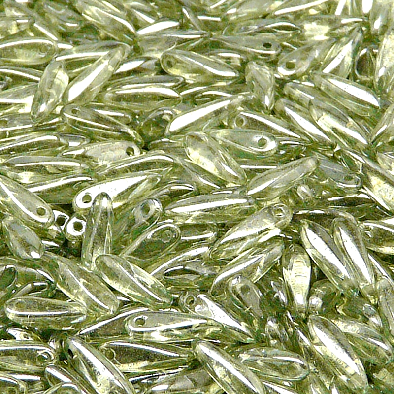 50ks České skleněné mačkané korálky jazýčky 3x11mm čirá/ světle zelený listr