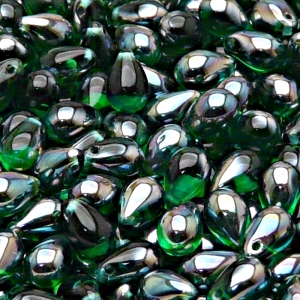 30ks České skleněné mačkané korálky kapky 6x9mm emerald/ celsian polopokov