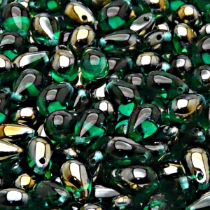 30ks České skleněné mačkané korálky kapky 6x9mm emerald/ valentinit polopokov