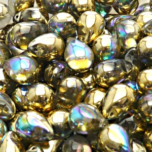 10ks České skleněné mačkané korálky kapky 10x14mm čirá/ zlatá duha