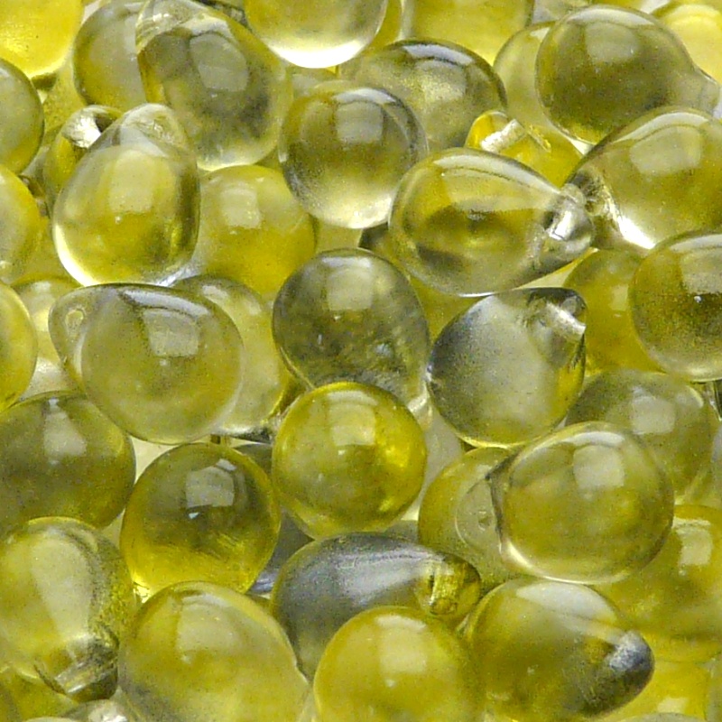 10ks České skleněné mačkané korálky kapky 10x14mm čirá/ žluto-modrý dvoubarevný stříkaný dekor
