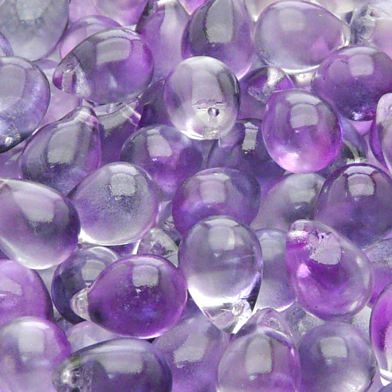 10ks České skleněné mačkané korálky kapky 10x14mm čirá/ fialovo-modrý dvoubarevný stříkaný dekor