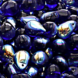 10ks České skleněné mačkané korálky kapky 10x14mm modrý kobalt/ AB polopokov