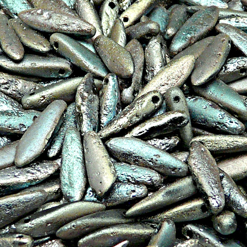 20ks České skleněné mačkané korálky jazýčky 5x16mm černá/ celsian celopokov leptané