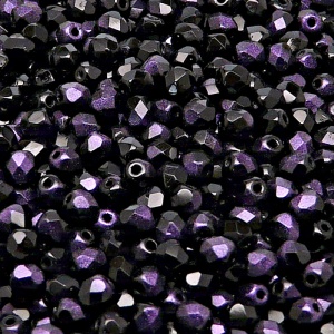 100ks České skleněné broušené ohňovky kulička 4mm černá/ fialový rutil 