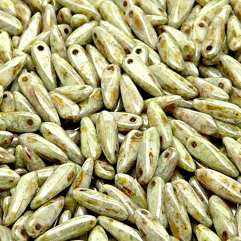 50ks České skleněné mačkané korálky jazýčky 3x11mm bílá/ zeleno hnědý senegal listr