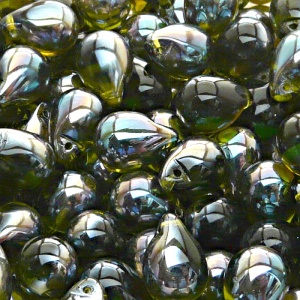 10ks České skleněné mačkané korálky kapky 10x14mm olivín/ celsian polopokov