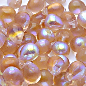 10ks České skleněné mačkané korálky kapky 10x14mm rozalín/ AB polopokov