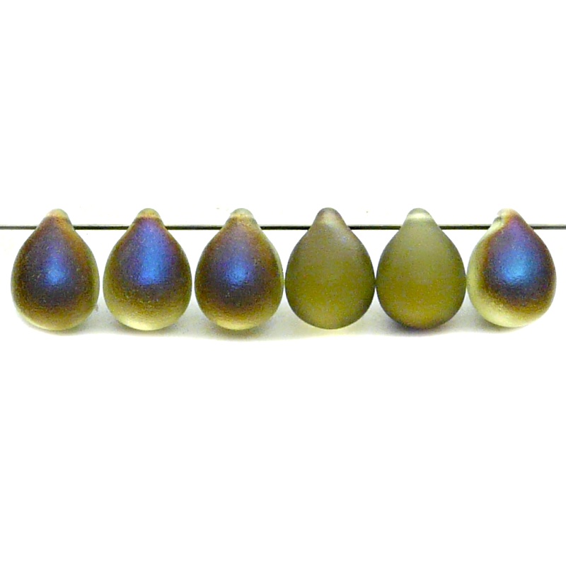 10ks České skleněné mačkané korálky kapky 10x14mm světle žlutá/ azuro polopokov mat