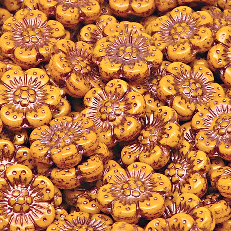 8ks České skleněné mačkané korálky kytičky ploché 14mm sytá světle oranžová/ bronzový zátěr