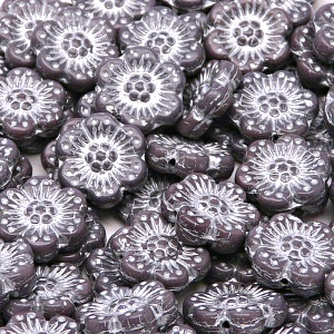 8ks České skleněné mačkané korálky kytičky ploché 14mm sytá fialová/ stříbrný zátěr