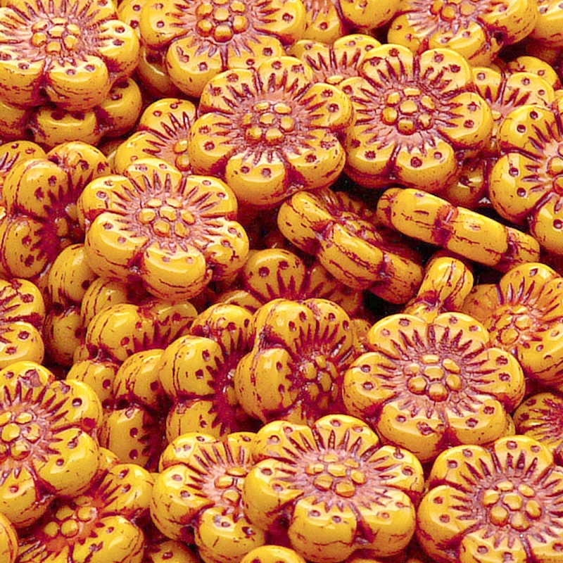 8ks České skleněné mačkané korálky kytičky ploché 14mm sytá světle oranžová/ červený zátěr