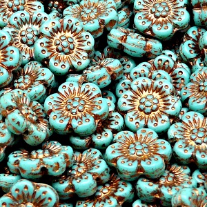 8ks České skleněné mačkané korálky kytičky ploché 14mm zelený tyrkys/ bronzový zátěr