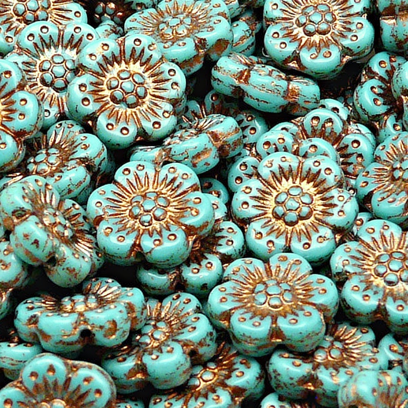 8ks České skleněné mačkané korálky kytičky ploché 14mm zelený tyrkys/ bronzový zátěr