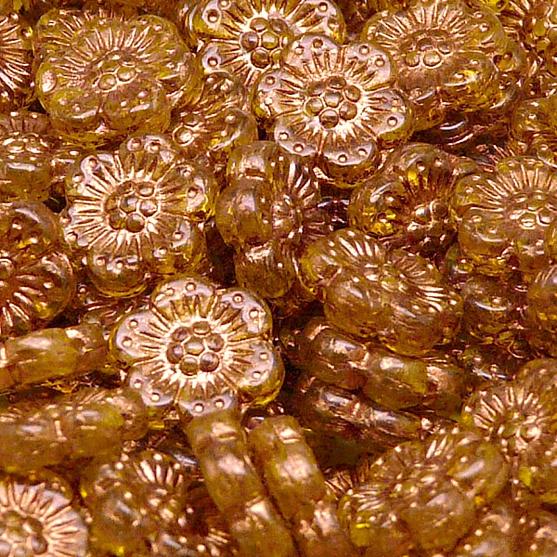8ks České skleněné mačkané korálky kytičky ploché 14mm jantar/ bronzový zátěr