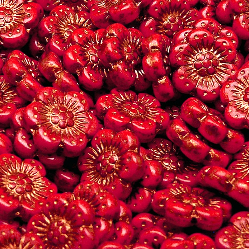 8ks České skleněné mačkané korálky kytičky ploché 14mm červený korál/ bronzový zátěr