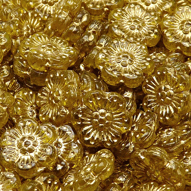 8ks České skleněné mačkané korálky kytičky ploché 14mm jantar/ zlatý zátěr