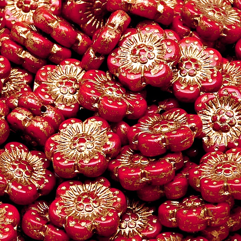 8ks České skleněné mačkané korálky kytičky ploché 14mm červený korál/ zlatý zátěr