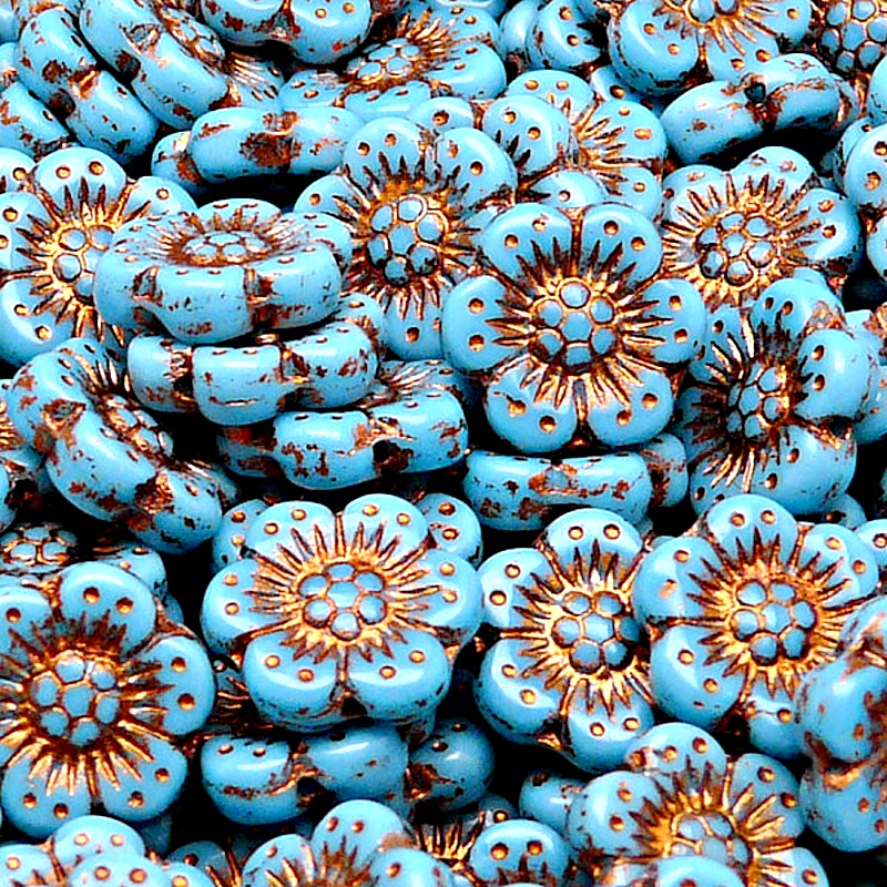 8ks České skleněné mačkané korálky kytičky ploché 14mm modrý tyrkys/ bronzový zátěr